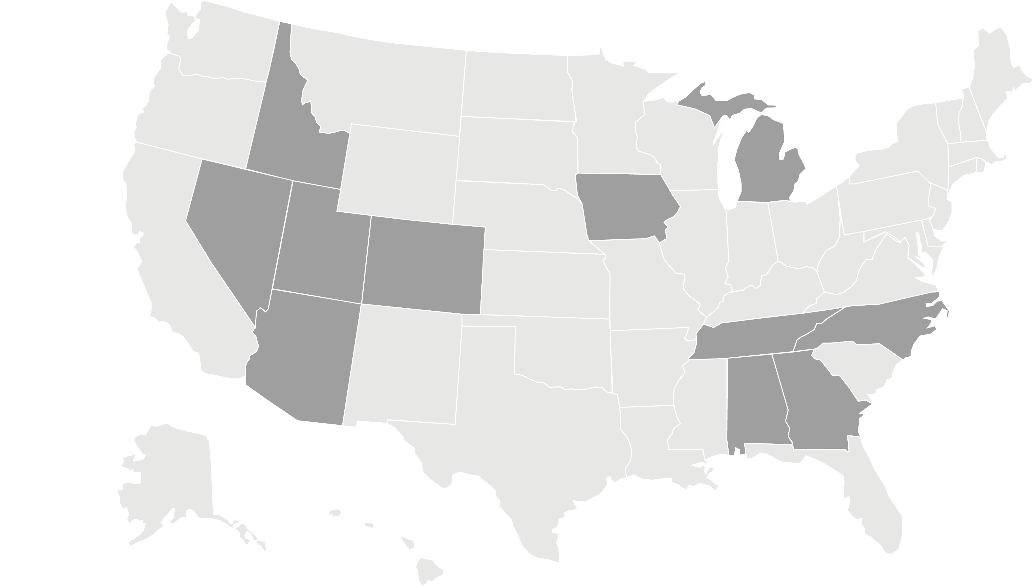Map of the United States with Loft Six Four's project states highlighted, spanning the West, Midwest, and Southeast. The studio works nationwide.