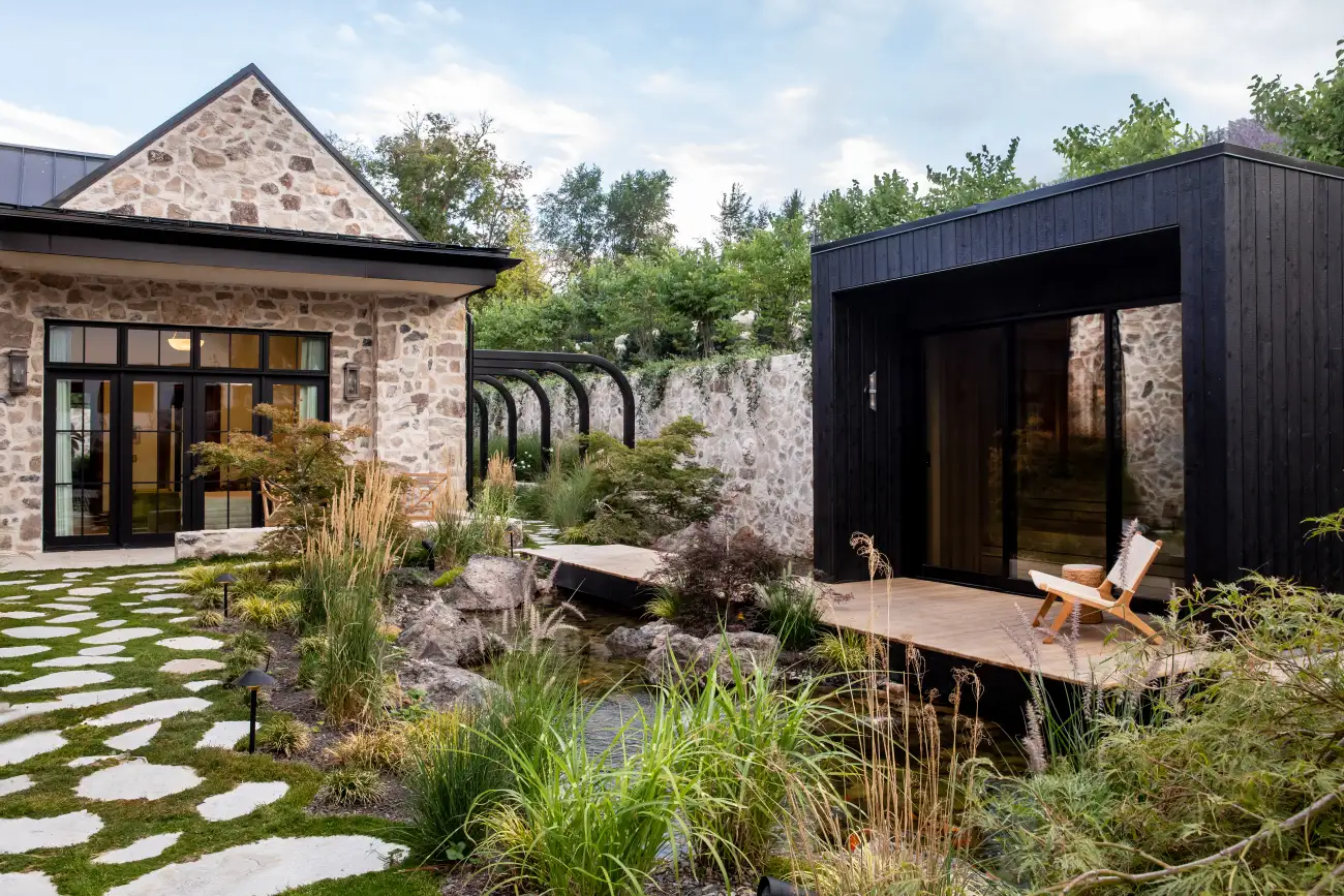 Modern Elm, rear garden, pond and pavilion