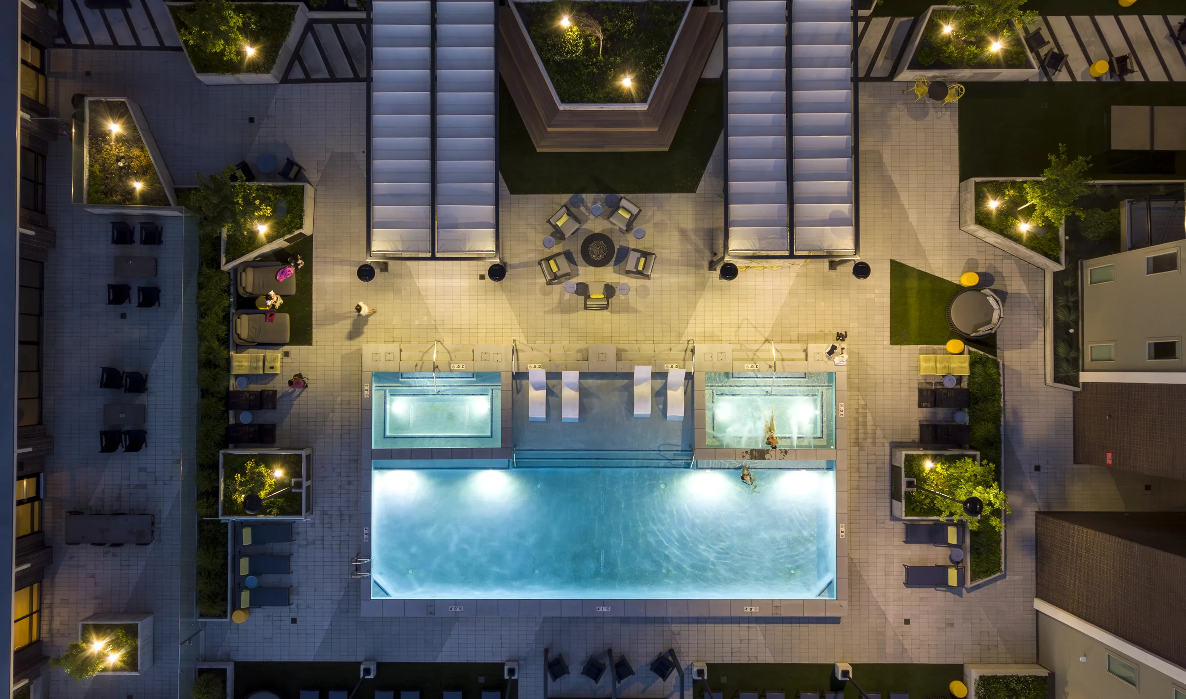 Park Avenue rooftop pool terrace top-down aerial at night